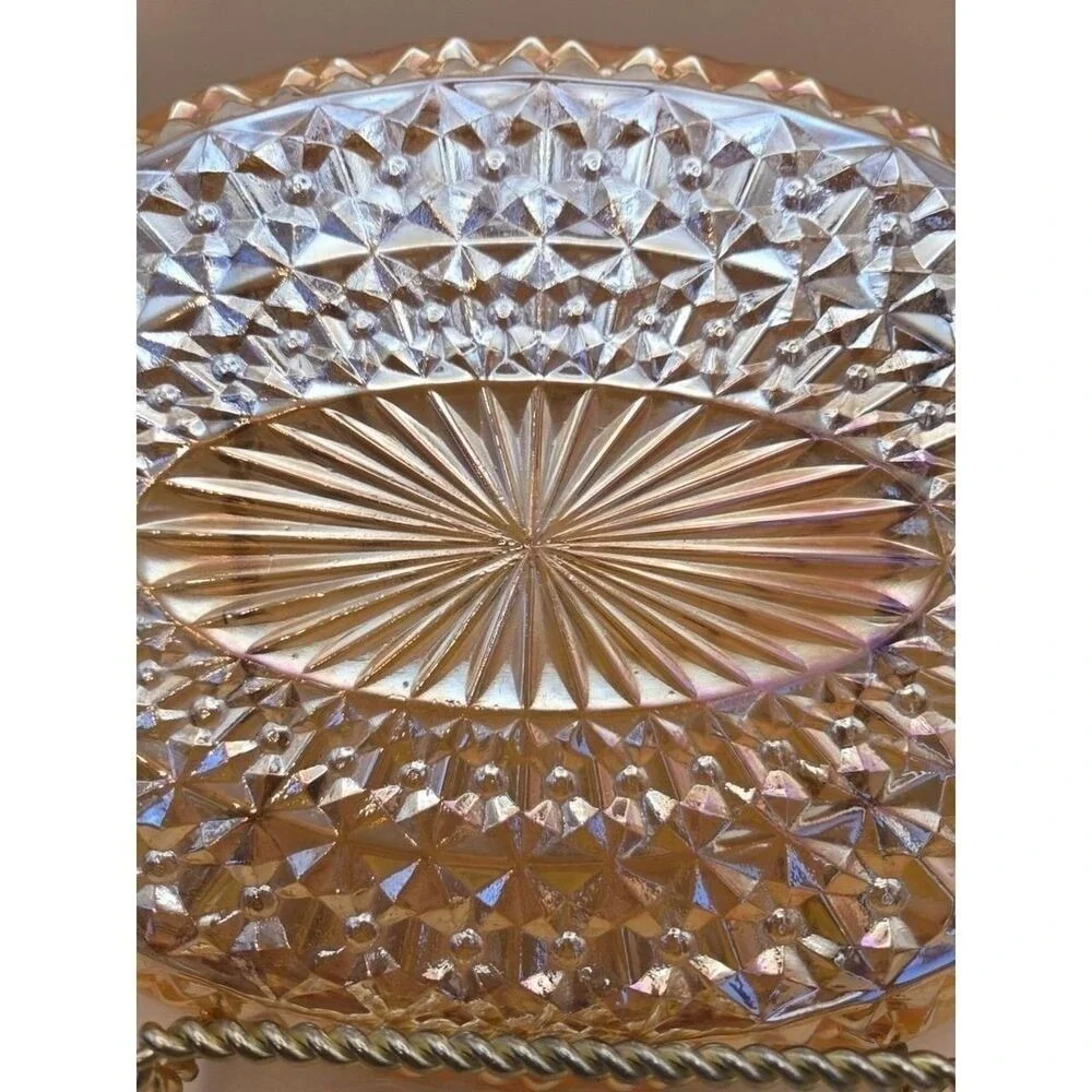Vtg Serving Platter Jeannette Oval Glass Iridescent Buttons & Bows 11.5